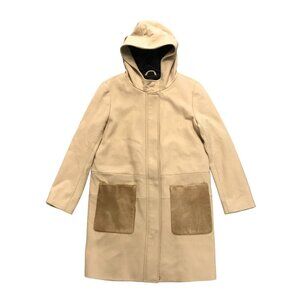 CLUB MONACO Coat Womens M Tan Italian Wool Knee Length Hooded Pockets Classic